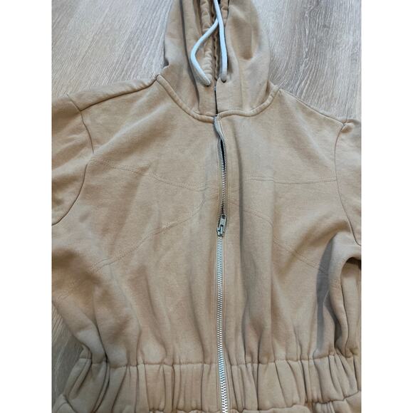WeWoreWhat Tan Leisure Suit Hooded Fleece Zip-up Relaxed Jumpsuit, size S - Picture 3 of 6